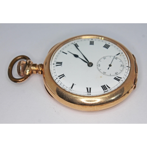 144 - A late 19th/early 20th century gold plated open face pocket watch with white enamel dial having Roma... 