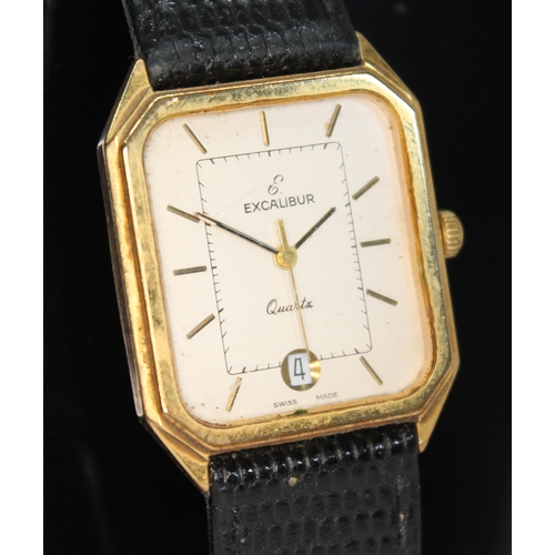 145 - A vintage 9ct gold Excalibur quartz wristwatch, case length 35mm and marked '9K 375' to rear with im... 