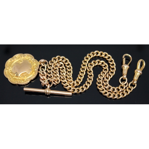 157 - A hallmarked 9ct gold Albert chain with T bar and fob, length 33.5cm, wt. 31.86g.