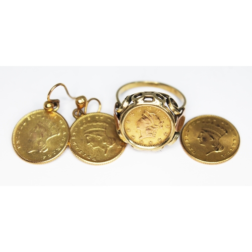 159 - Four United States gold dollars, two 1862 mounted as earrings, an 1853 mounted in a ring and another... 