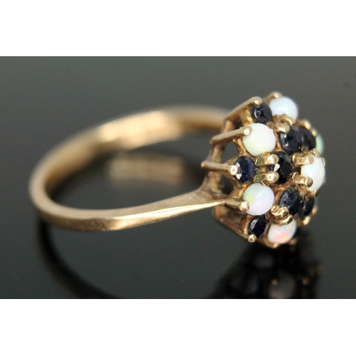 165 - A sapphire and precious opal cluster ring, cluster diam. approx. 12mm, hallmarked 9ct gold, gross wt... 