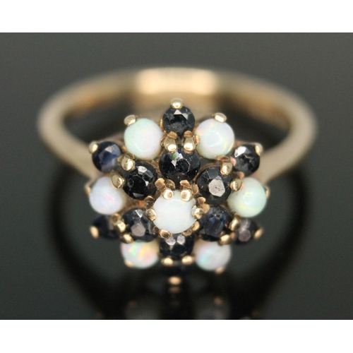 165 - A sapphire and precious opal cluster ring, cluster diam. approx. 12mm, hallmarked 9ct gold, gross wt... 