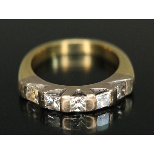 186 - A five stone diamond ring, the princess cut stones weighing approx. 0.20 carats each, band marked '7... 