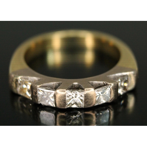 186 - A five stone diamond ring, the princess cut stones weighing approx. 0.20 carats each, band marked '7... 