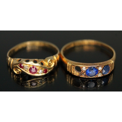 188 - Two hallmarked 18ct gold diamond and corundum cluster rings, one set with sapphires, Birmingham 1900... 