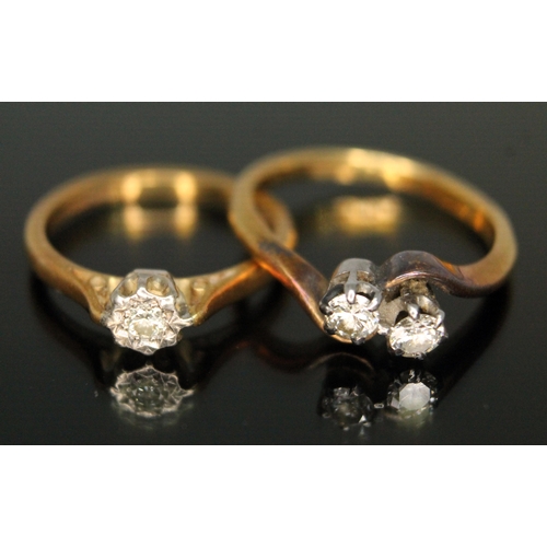 192 - A hallmarked 18ct gold diamond ring and another two stone diamond crossover ring marked '18ct', gros... 