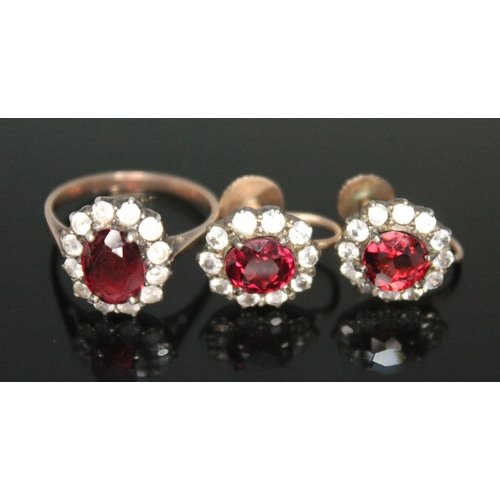 197 - A suite of garnet and white sapphire jewellery comprising a bracelet, necklace, ring and a pair of e... 