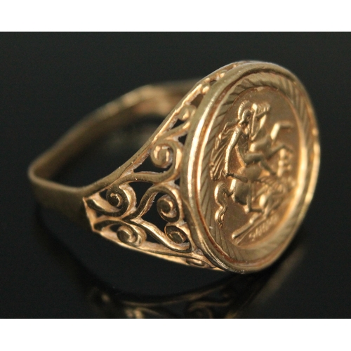 200 - A hallmarked 9ct gold St George signet ring, gross wt. 3.54g, size T.