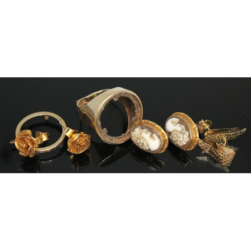 202 - A mixed lot comprising a hallmarked 9ct gold ring (as found), two pairs of hallmarked 9ct gold earri... 