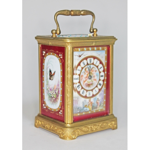 25 - A French late 19th century gilt brass and porcelain repeater carriage clock, the hand painted dial w... 