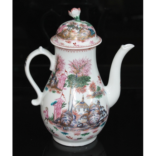 360 - A Lowestoft porcelain coffee pot, circa 1780, decorated with a chinoiserie pattern depicting two fis... 