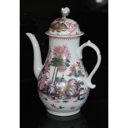 360 - A Lowestoft porcelain coffee pot, circa 1780, decorated with a chinoiserie pattern depicting two fis... 