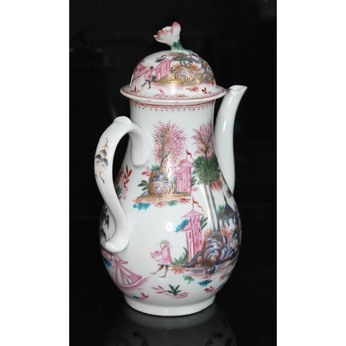 360 - A Lowestoft porcelain coffee pot, circa 1780, decorated with a chinoiserie pattern depicting two fis... 