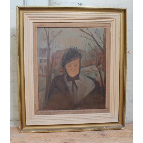 66 - Continental School, woman wearing a hat, oil on board, 52cm x 63cm, indistinctly signed, framed 82cm... 