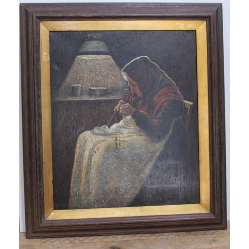 69 - Continental School, old woman knitting, oil on canvas, 53cm x 63cm, monogrammed 'A.M.', framed 74cm ... 