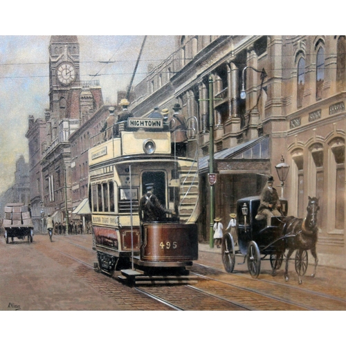 77 - Robert Nixon (b1955), northern street scene with trams and coaches, oil on board, 59cm x 43cm, glaze... 