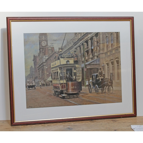 77 - Robert Nixon (b1955), northern street scene with trams and coaches, oil on board, 59cm x 43cm, glaze... 