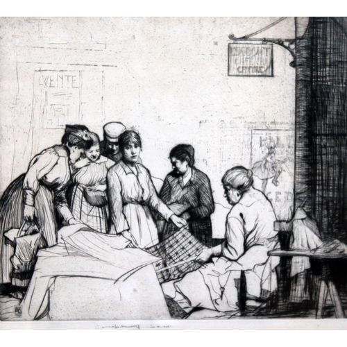 99 - William lee Hankey (1869-1952), woman selecting and cutting cloth, etching, 35cm x 30cm, signed in p... 