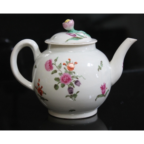 343 - A Worcester porcelain teapot, circa 1780, of typical form with flower head finial to lid and hand pa... 