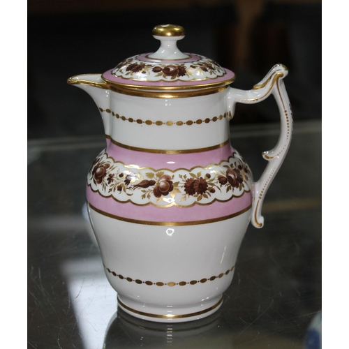 361 - A Worcester Flight & Barr porcelain cream jug with lid, decorated with brown flowers within pink and... 