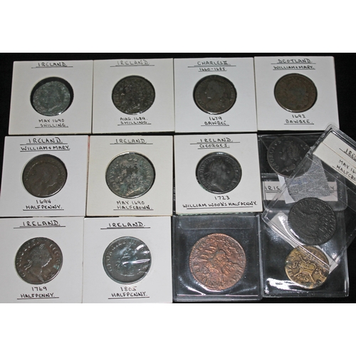 320 - A group of thirteen coins to include 1 x Ireland William + Mary halfpenny 1694, 1 x Scotland William... 