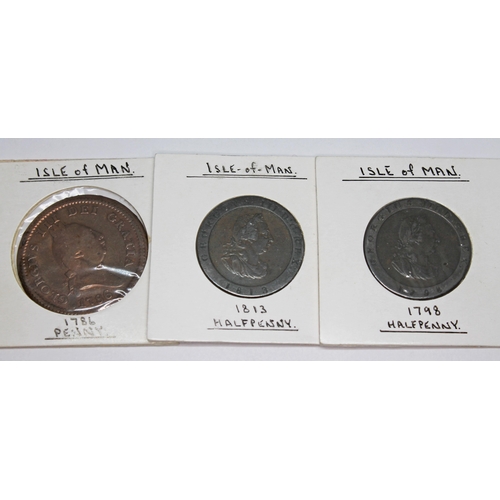 321 - A group of seventeen coins to include 4 x Isle of Man Pennies various dates 1733 to 1813, 5 x Isle o... 