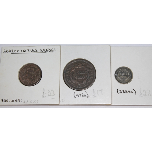 324 - A collection of US coins to include 2 x half dimes 1841 & 1857, 2 x three cents 1851 & 1865, 3 x two... 