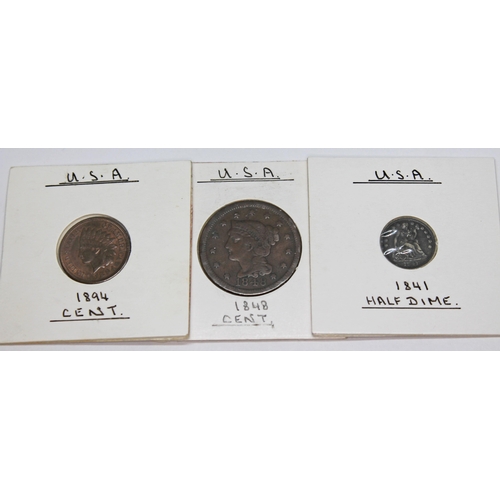 324 - A collection of US coins to include 2 x half dimes 1841 & 1857, 2 x three cents 1851 & 1865, 3 x two... 