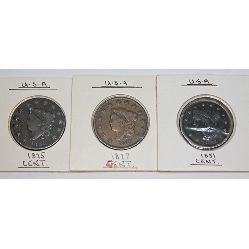 324 - A collection of US coins to include 2 x half dimes 1841 & 1857, 2 x three cents 1851 & 1865, 3 x two... 