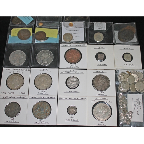 328 - A collection of Indian coins to include 2 x Coorg Rajas gold fanam ca1820 Mercara mint, 41 x silver ... 