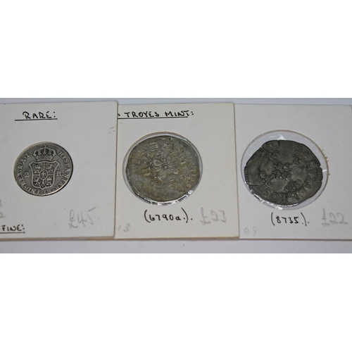 330 - A collection of European coins to include 1 x Geneva six sols 1678, 1 x france Henry II douzain auxc... 