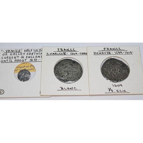 330 - A collection of European coins to include 1 x Geneva six sols 1678, 1 x france Henry II douzain auxc... 