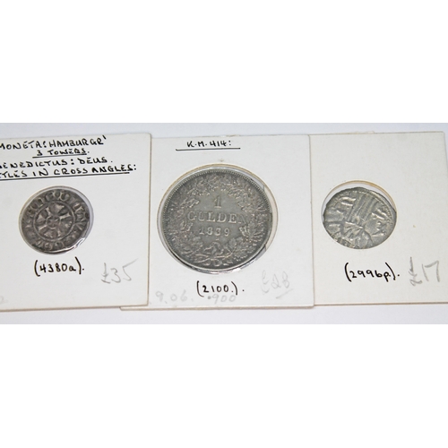 331 - A collection of European coins to include 1 x Hamburg town c1380 witten obv: Moneta: Hamburger 3 tow... 