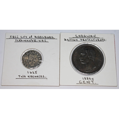 333 - A collection of world coins to include 6 x Malaysia Malacca lead coins c 1580, 1 x East Friesland Ge... 