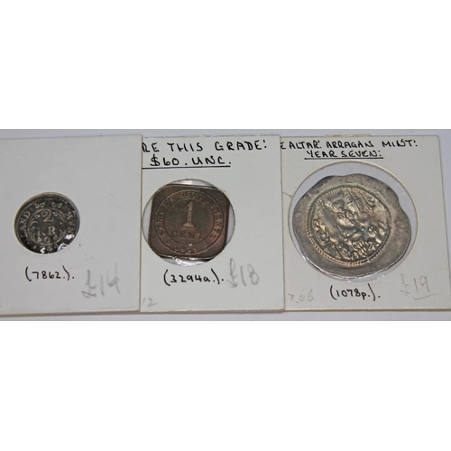 333 - A collection of world coins to include 6 x Malaysia Malacca lead coins c 1580, 1 x East Friesland Ge... 