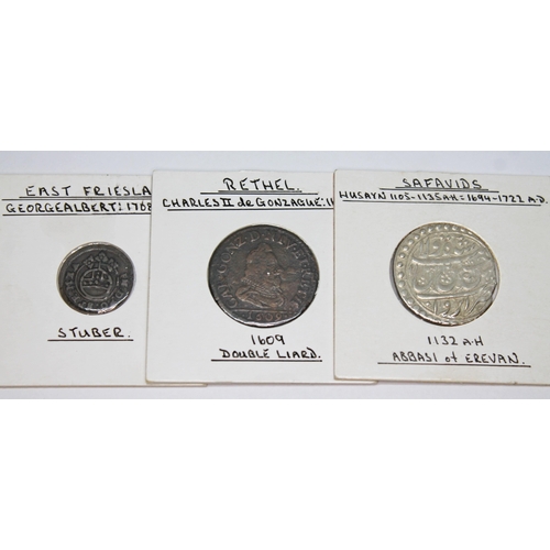 333 - A collection of world coins to include 6 x Malaysia Malacca lead coins c 1580, 1 x East Friesland Ge... 