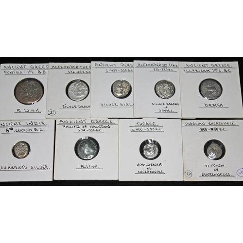 338 - A group of nine ancient coins to include 1 x Alexander III(the great) 336-323 B.C silver drachm of S... 