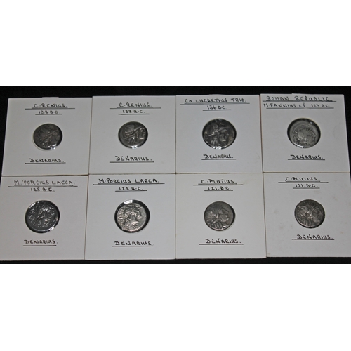 339 - A group of eight ancient coins to include 1 x Roman republic M.Fannius c.f 123 B.C denarius: victory... 