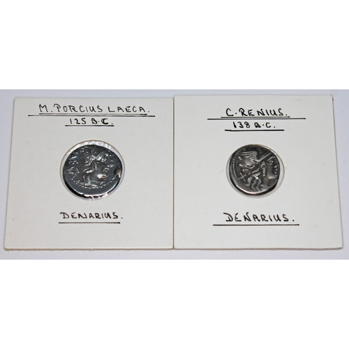 339 - A group of eight ancient coins to include 1 x Roman republic M.Fannius c.f 123 B.C denarius: victory... 