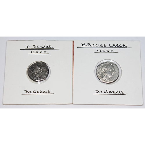 339 - A group of eight ancient coins to include 1 x Roman republic M.Fannius c.f 123 B.C denarius: victory... 