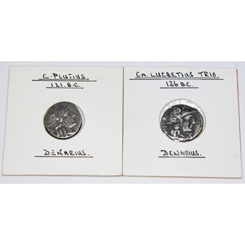 339 - A group of eight ancient coins to include 1 x Roman republic M.Fannius c.f 123 B.C denarius: victory... 