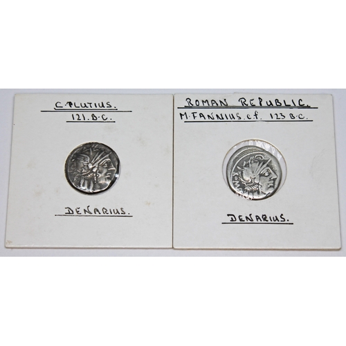 339 - A group of eight ancient coins to include 1 x Roman republic M.Fannius c.f 123 B.C denarius: victory... 