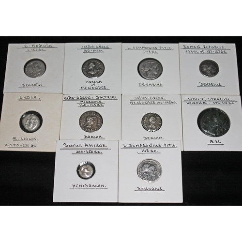 340 - A group of ten ancient coins to include 1 x Pontus Amisos 300-250 B.C hemidrachm: head of Tyche & ow... 