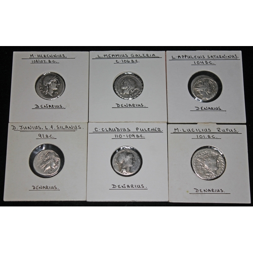 341 - A group of six ancient coins to include 1 x L Appuleuis Saturninus 104 B.C denarius: head of Roma: S... 