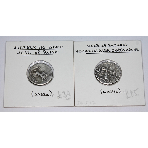 341 - A group of six ancient coins to include 1 x L Appuleuis Saturninus 104 B.C denarius: head of Roma: S... 