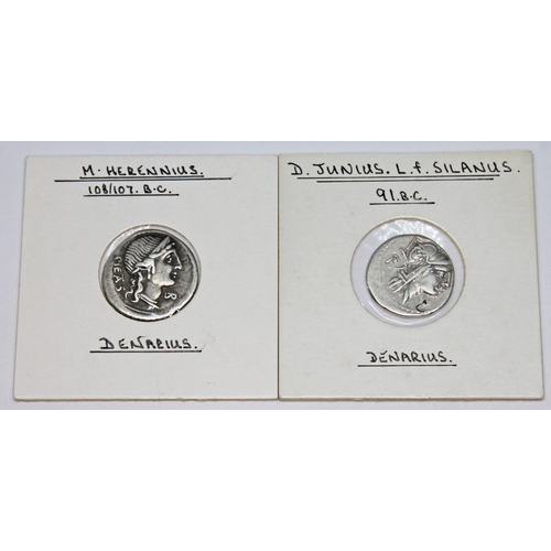 341 - A group of six ancient coins to include 1 x L Appuleuis Saturninus 104 B.C denarius: head of Roma: S... 