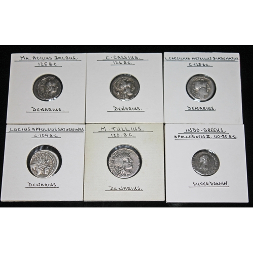 342 - A group of six ancient coins to include 1 x L. Caecilius Metellus Diadematus c. 128 B.C denarius: he... 