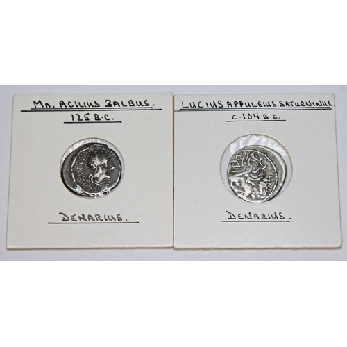 342 - A group of six ancient coins to include 1 x L. Caecilius Metellus Diadematus c. 128 B.C denarius: he... 