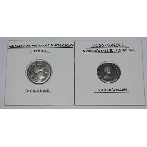 342 - A group of six ancient coins to include 1 x L. Caecilius Metellus Diadematus c. 128 B.C denarius: he... 