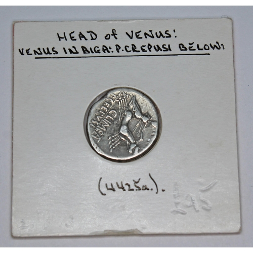 344 - A group of seven ancient coins to include 1 x L Marcius Censorinus c.82 B.C denarius: head of Venus:... 